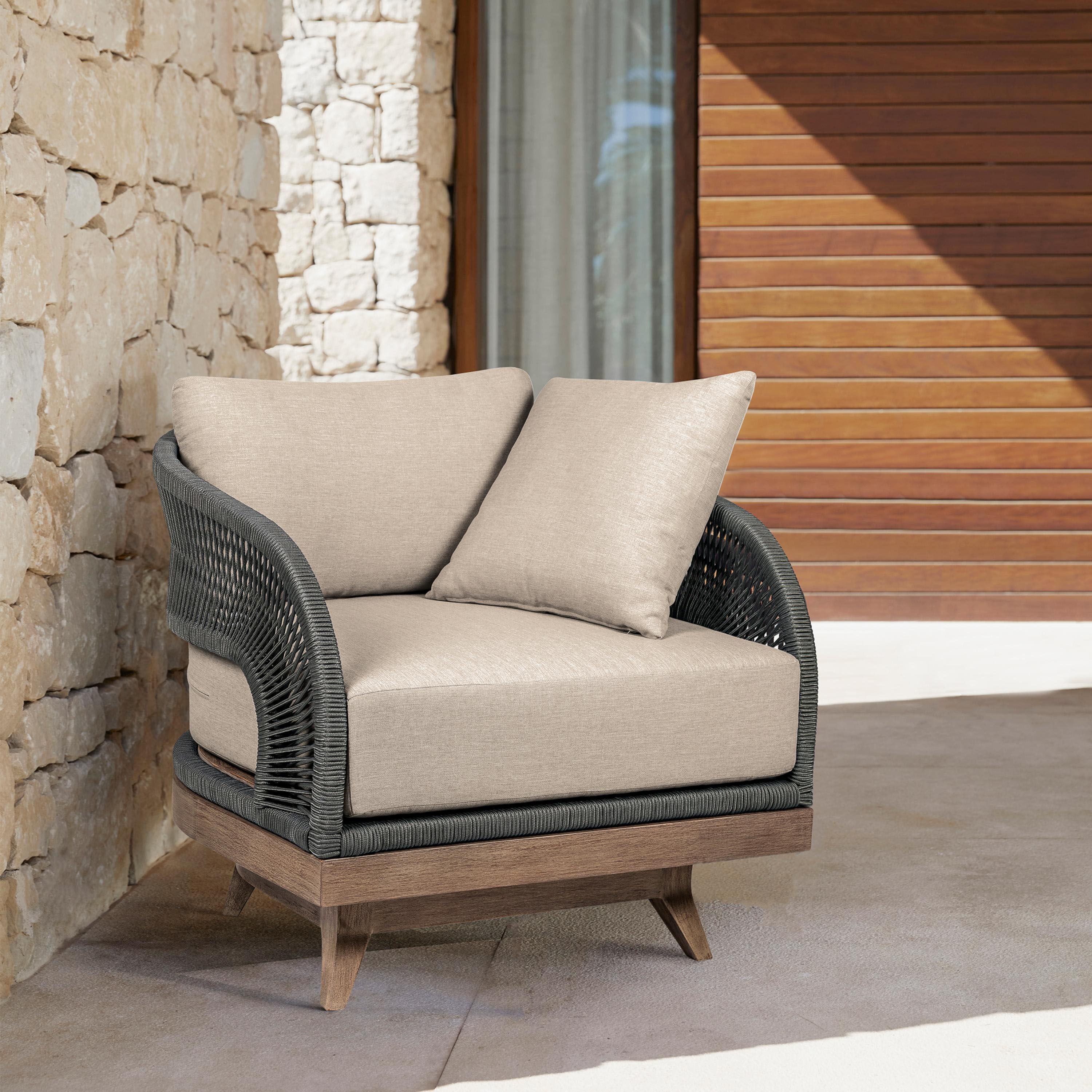 Safia Eucalyptus Wood and Gray Rope Outdoor Swivel Chair image number 1
