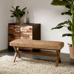 Woven Seagrass and Brown Wood Bench