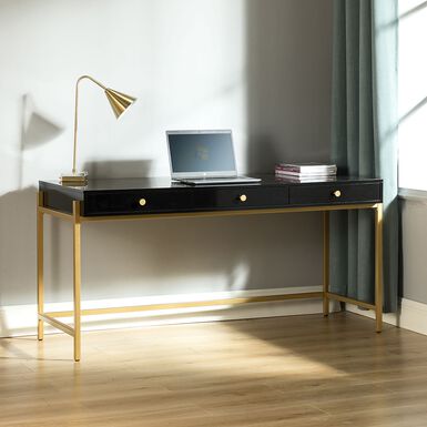 Dennis Wood and Gold Metal Desk with Drawers Dennis Wood and Gold Metal Desk with Drawers