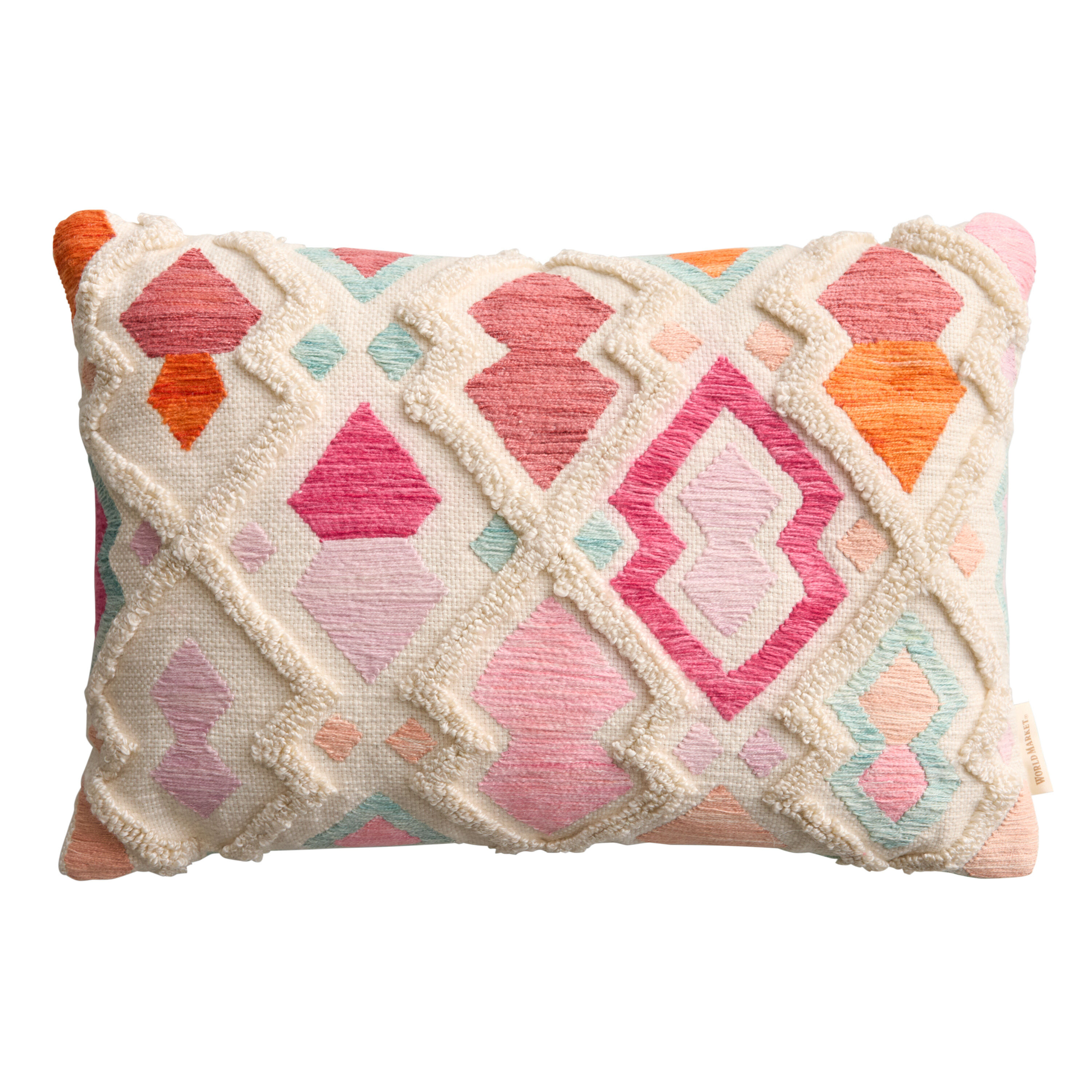 Pink and Teal Diamond Tufted Indoor Outdoor Lumbar Pillow image number 0