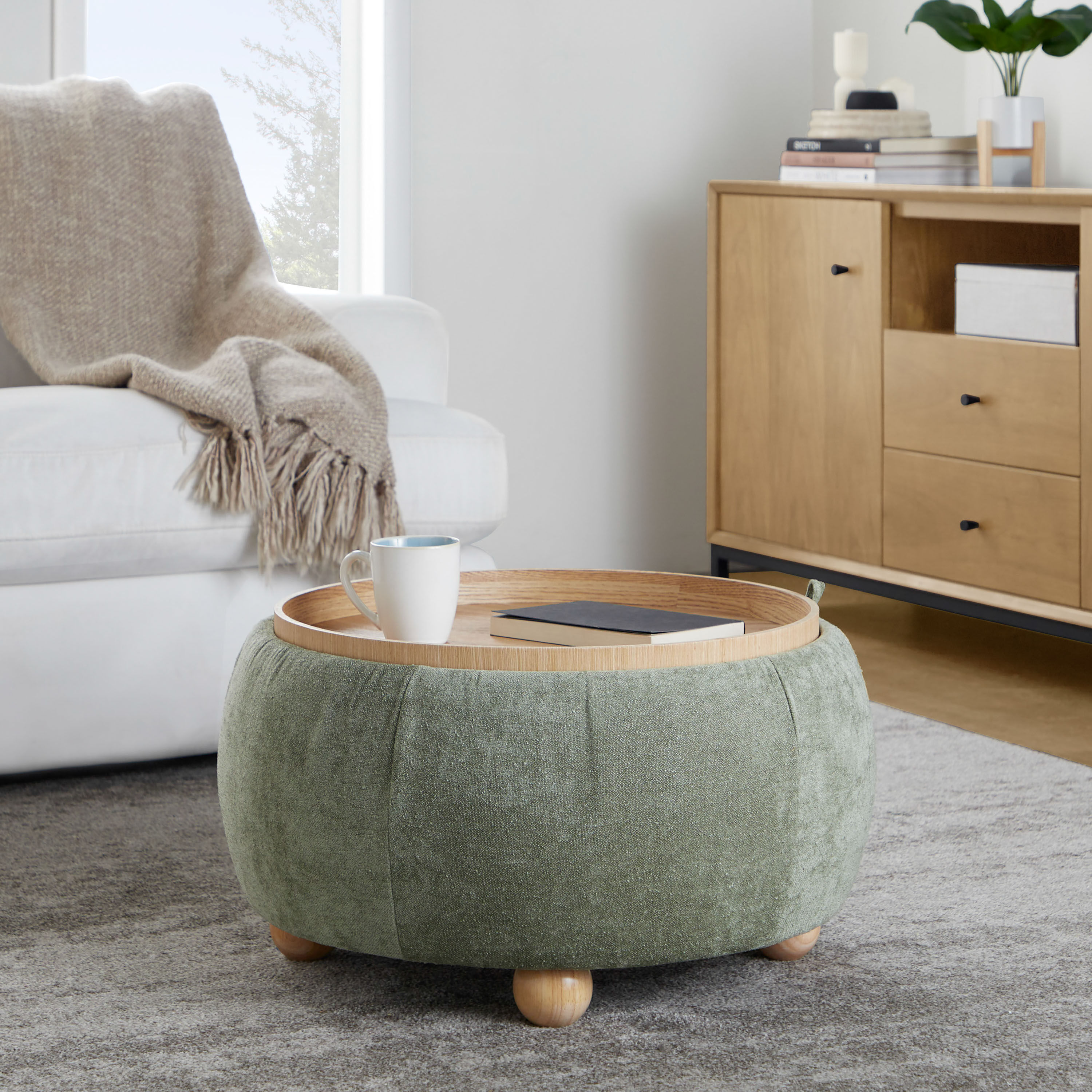 Shiloh Round Upholstered Storage Ottoman with Tray Top