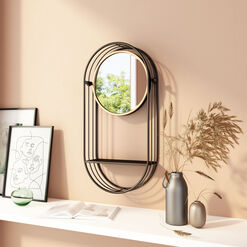 Oval Black And Gold Metal Tilting Wall Mirror With Shelf