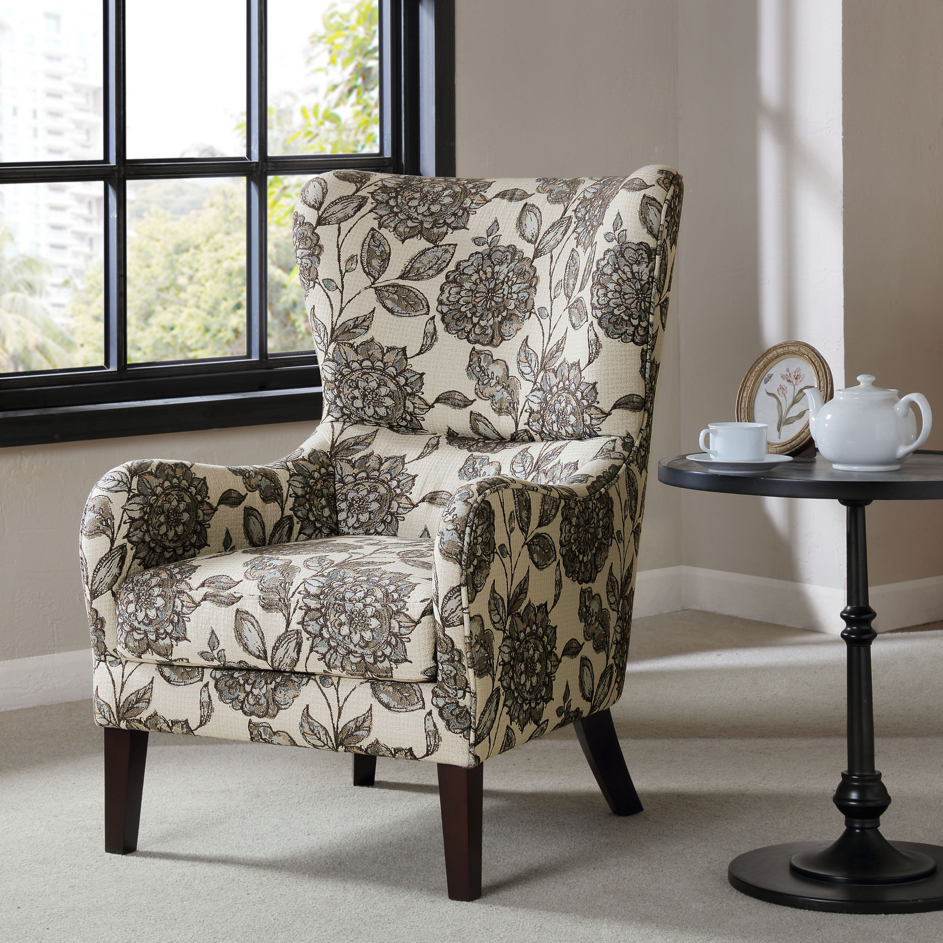 Linen Gingham Barley Swoop Arm Wingback Upholstered Chair