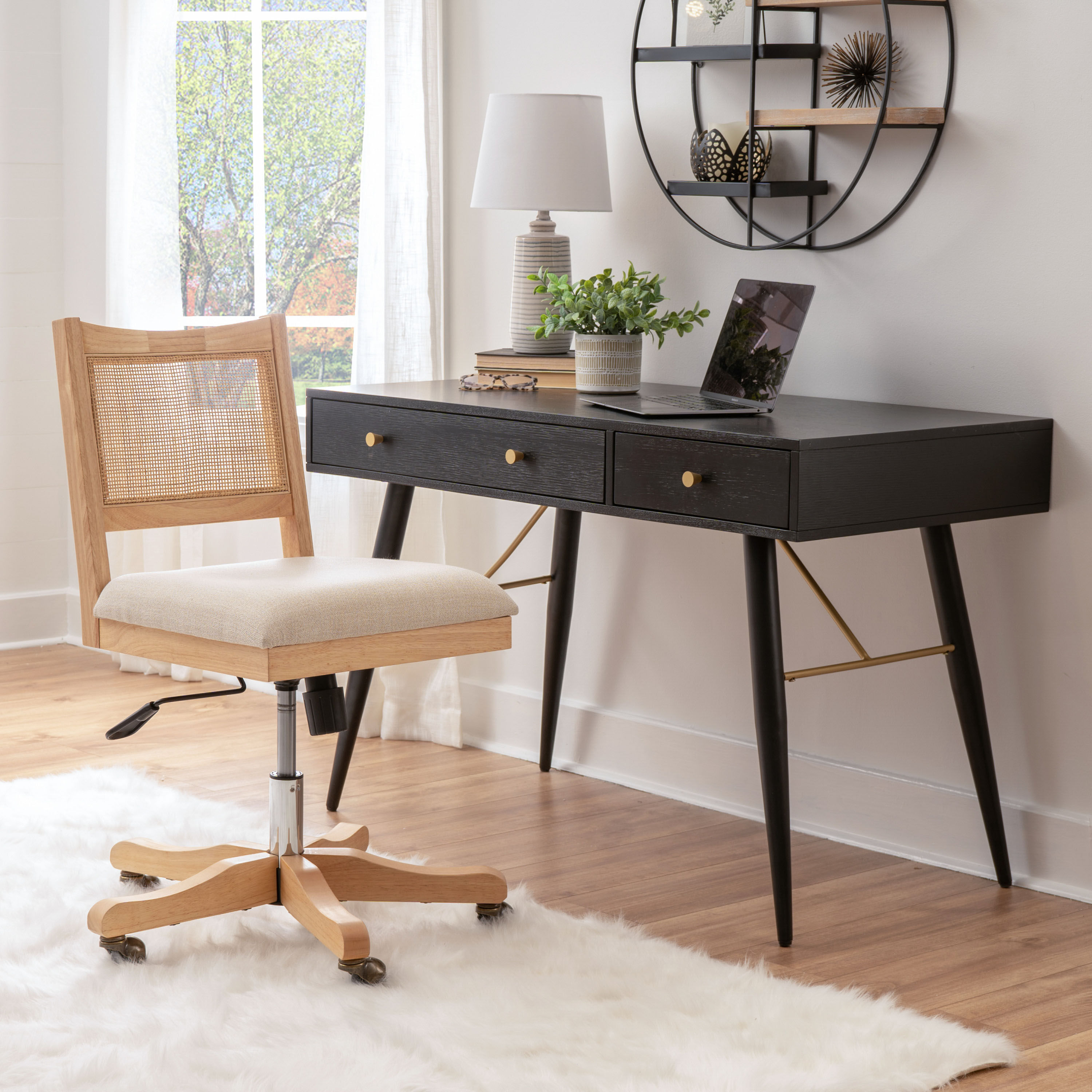 Fernan Wood and Rattan Cane Office Chair with Cushion image number 1