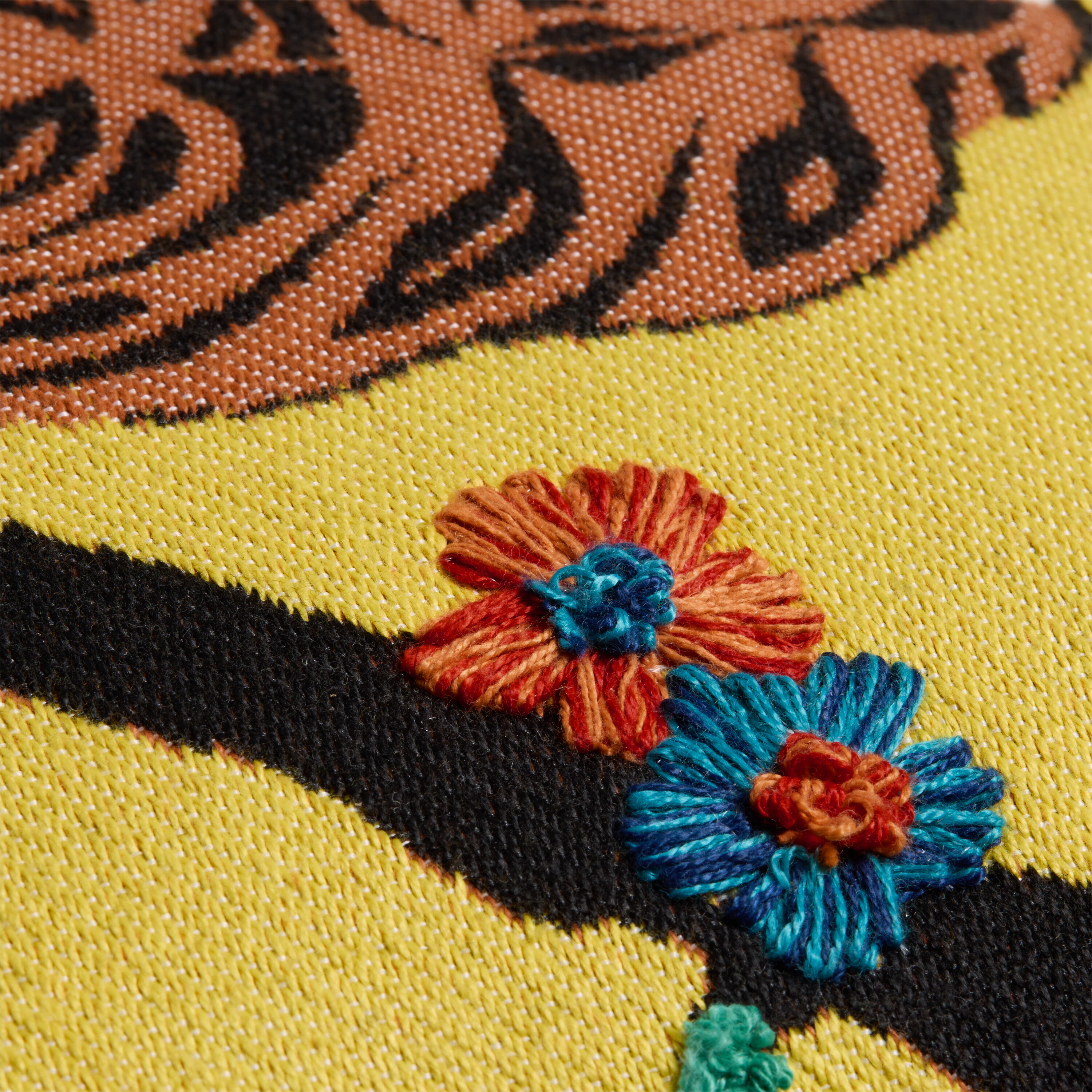 Yellow Embroidered Tiger Indoor Outdoor Throw Pillow image number 3