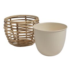 Ivory Metal Planter with Rattan Cane Stand