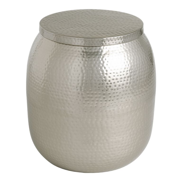 Cala Silver Hammered Metal Drum Storage Side Table image number 1