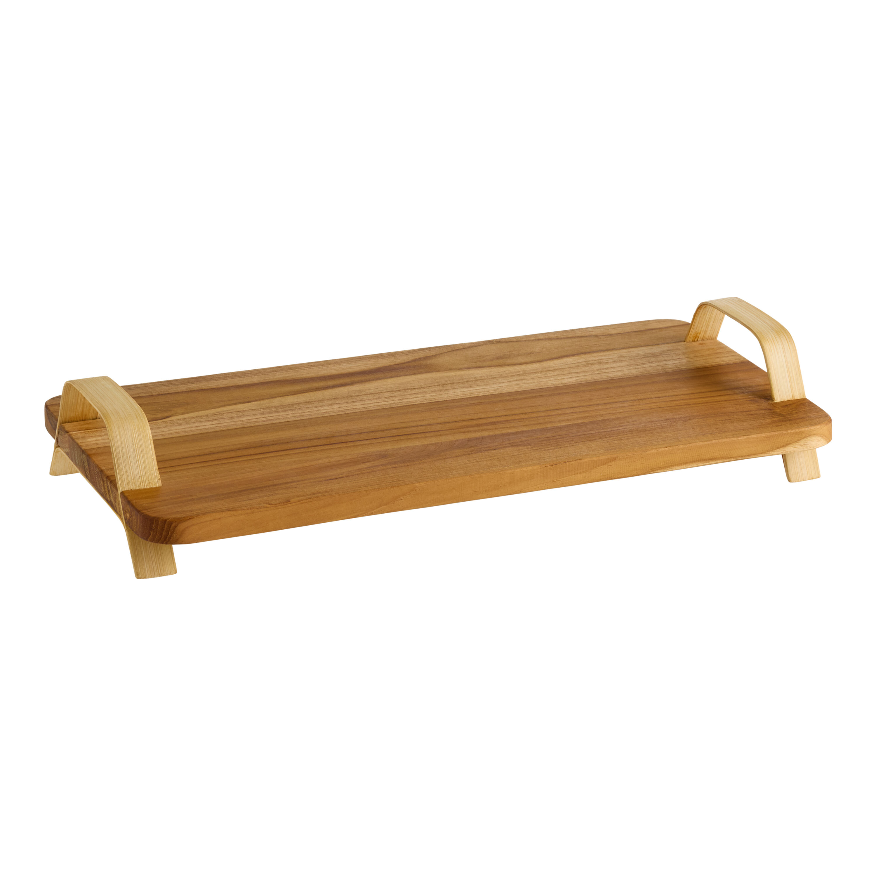 Teak Wood and Bamboo Raised Tray With Handles image number 0