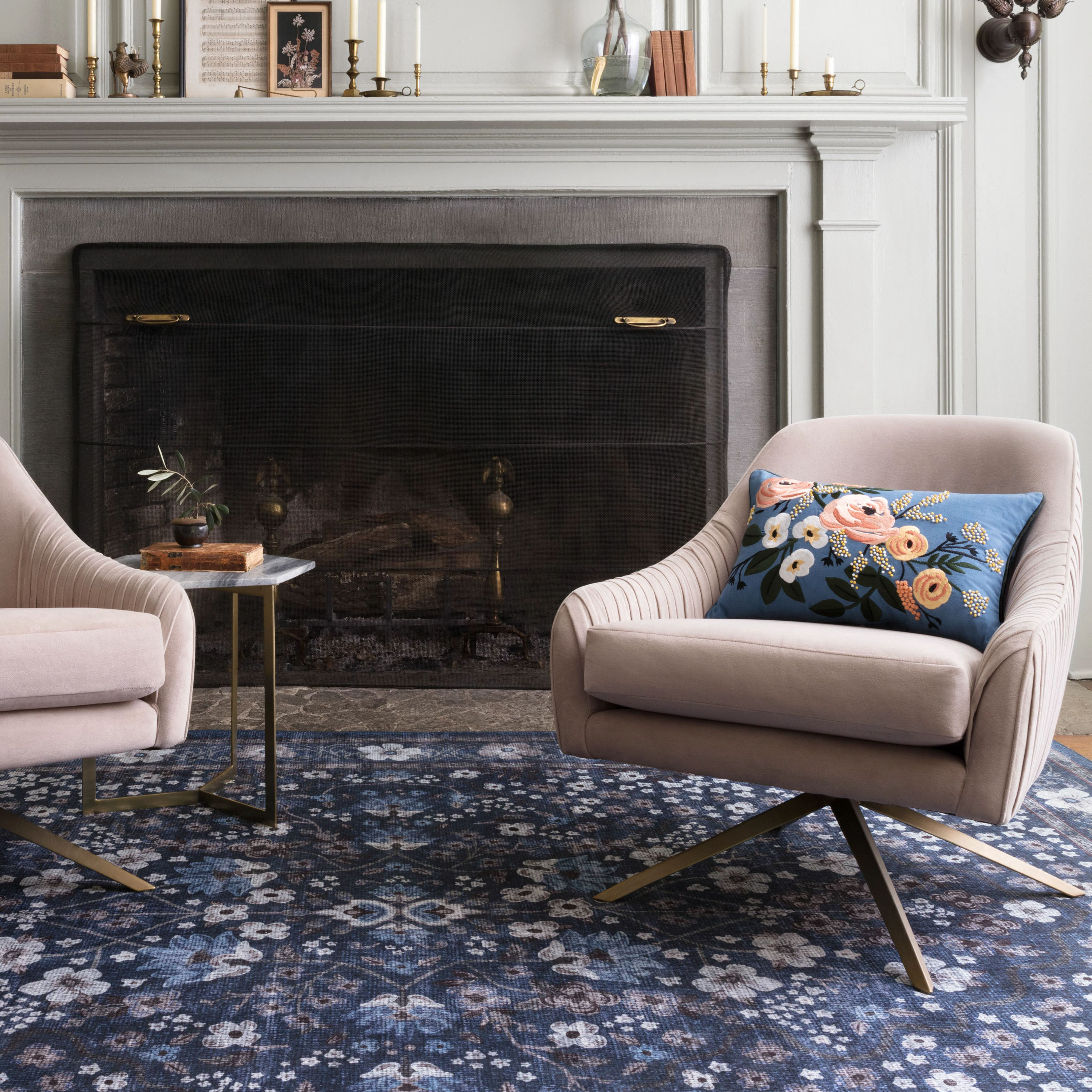 Rifle Paper Co. Blue With Pink Roses Lumbar Pillow image number 1