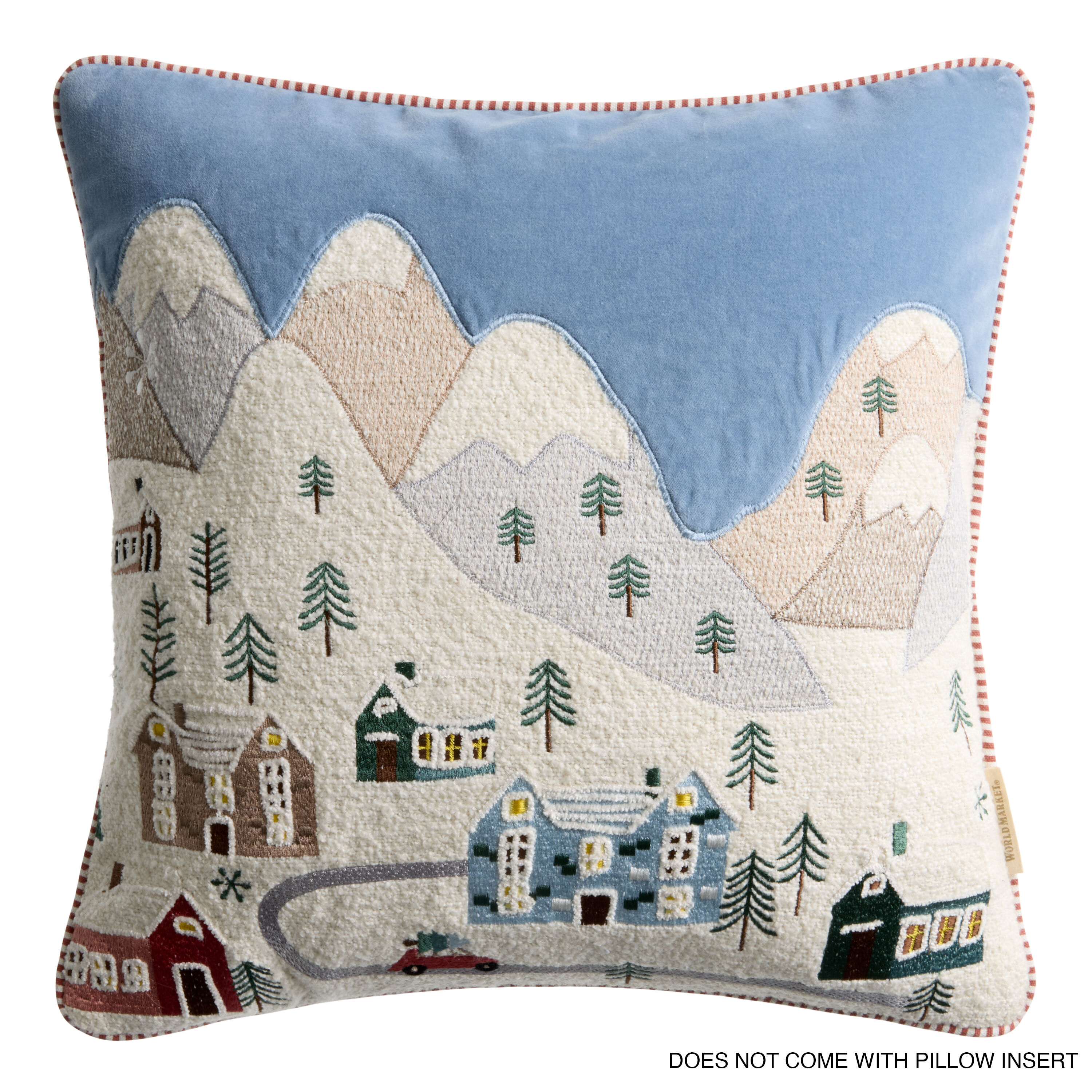 Blue and Ivory Snow Village Embroidered Throw Pillow Cover image number 2