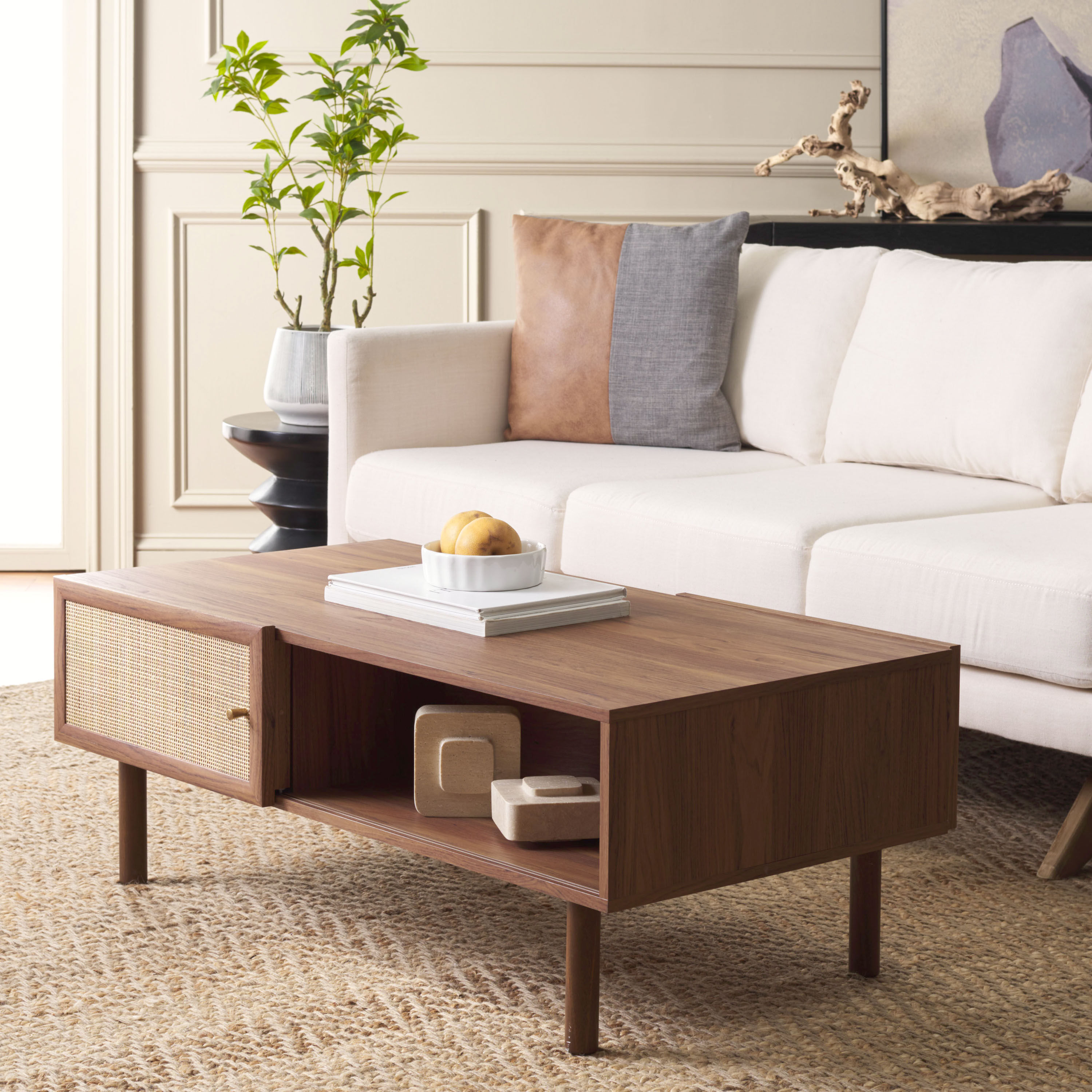 Rega Walnut And Rattan Coffee Table With Storage