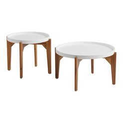 Dorothy Round White Cement and Acacia Outdoor End Table