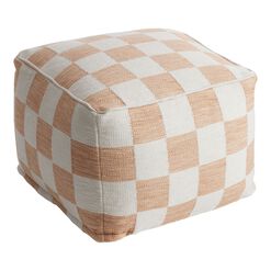 Square Ivory And Rust Checkered Pouf