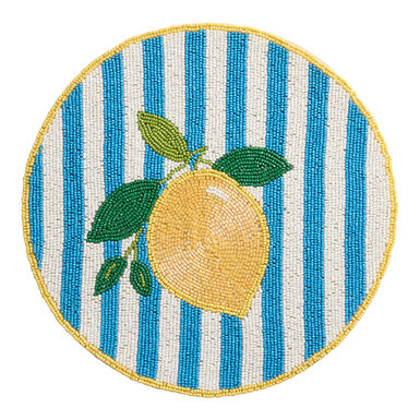 Round Yellow Lemon and Blue Stripe Beaded Placemat Round Yellow Lemon and Blue Stripe Beaded Placemat