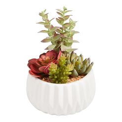 Faux Succulent Arrangement in White Faceted Ceramic Pot