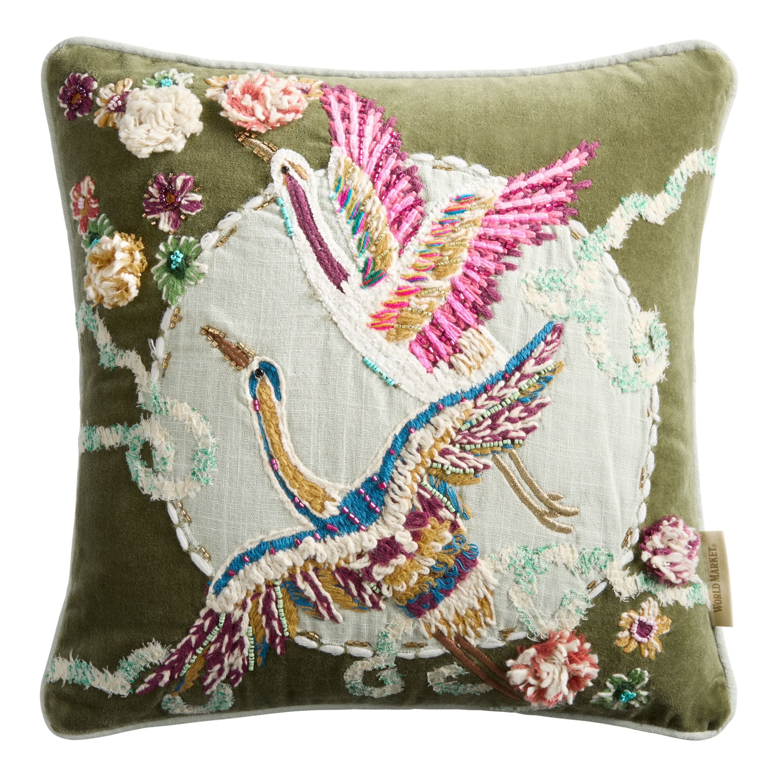 Olive Green Embroidered Cranes Throw Pillow World Market