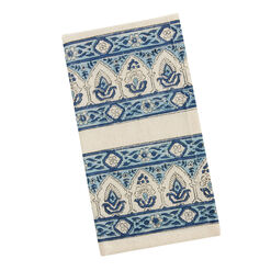 Blue And Oatmeal Floral Stripe Block Print Napkin Set of 4