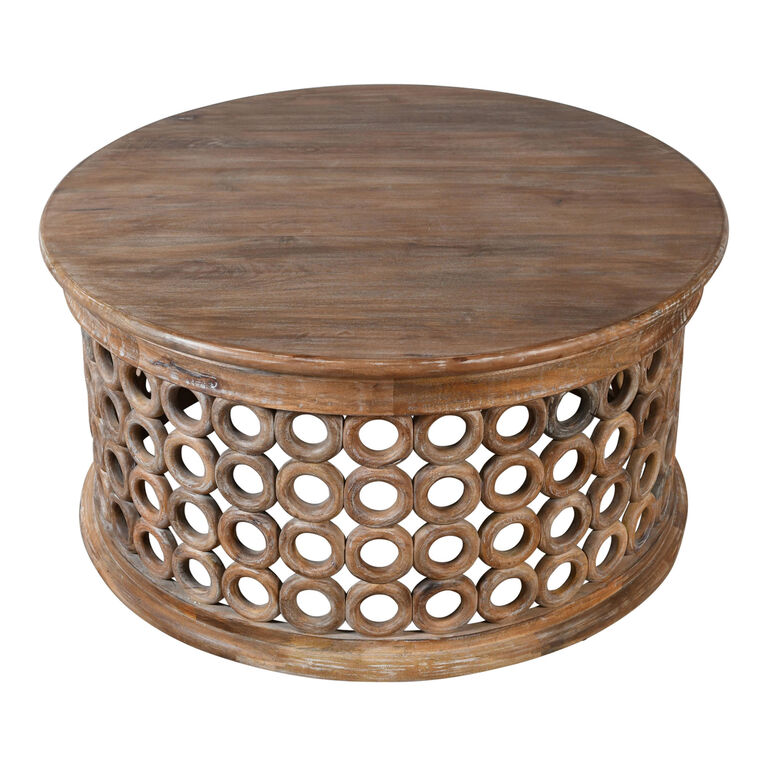 Seething Round Brown Carved Wood Circle Coffee Table image number 1