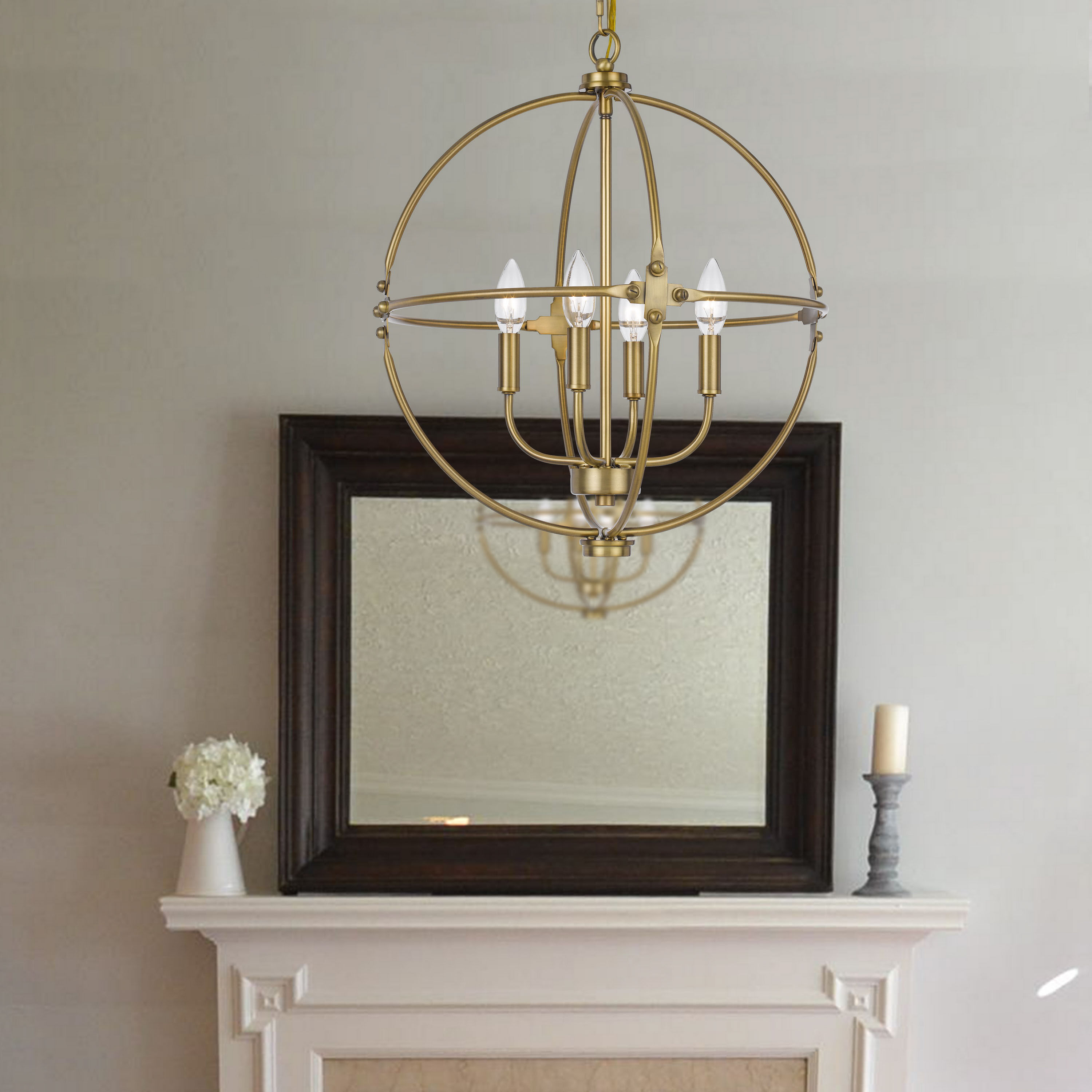 Aurelie Antique Brass Orb 4 Light Chandelier