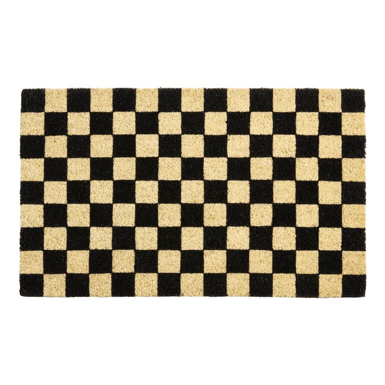 Black and Natural Checkerboard Coir Doormat - World Market