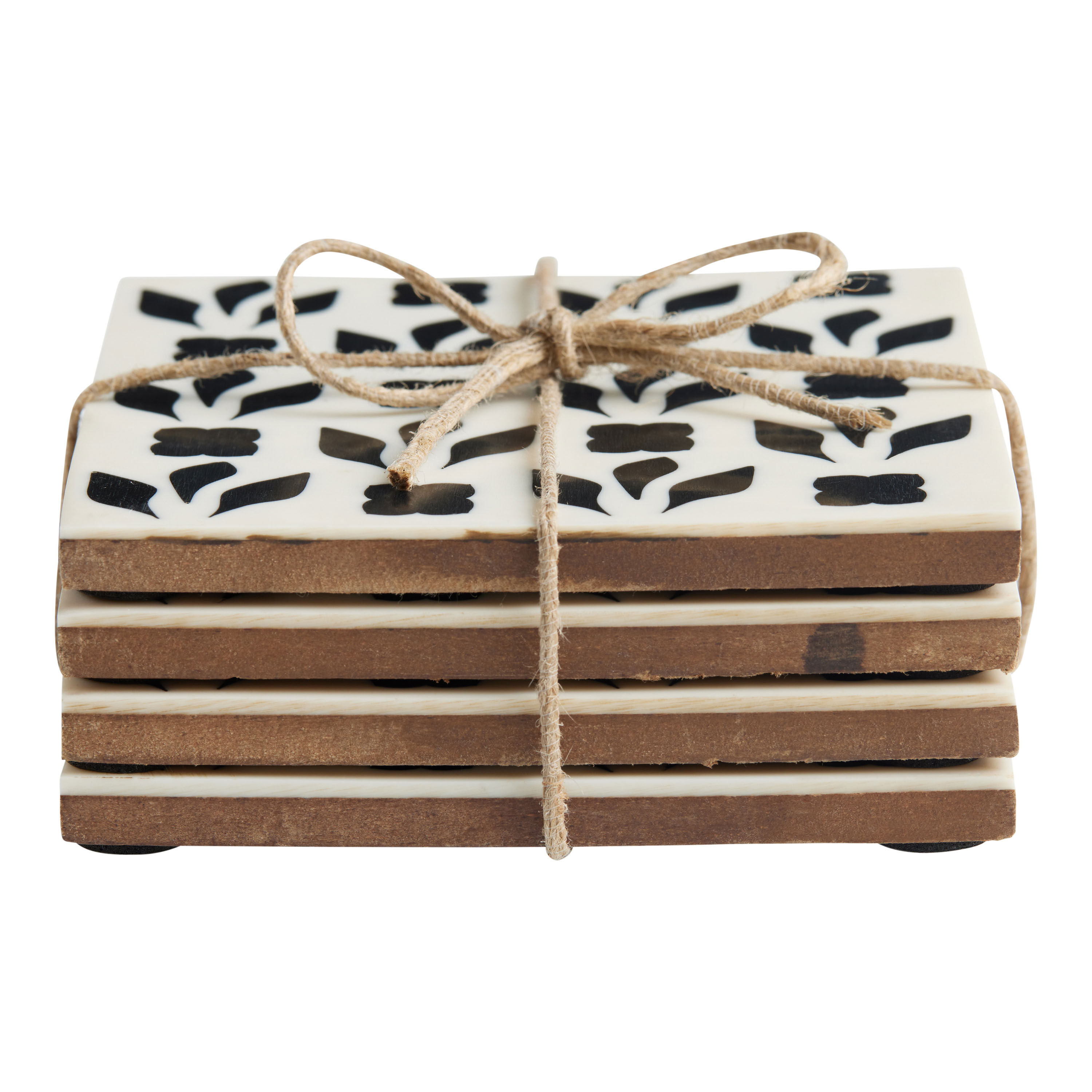 Square Black And White Resin Floral Leaf Coasters 4 Pack image number 1