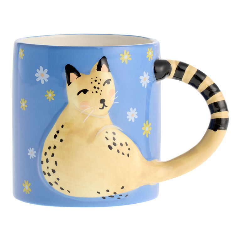 Blue Daisy and Cat Handle Ceramic Mug image number 1