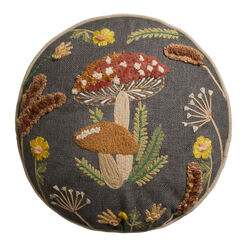 Round Charcoal Embroidered Mushroom Throw Pillow