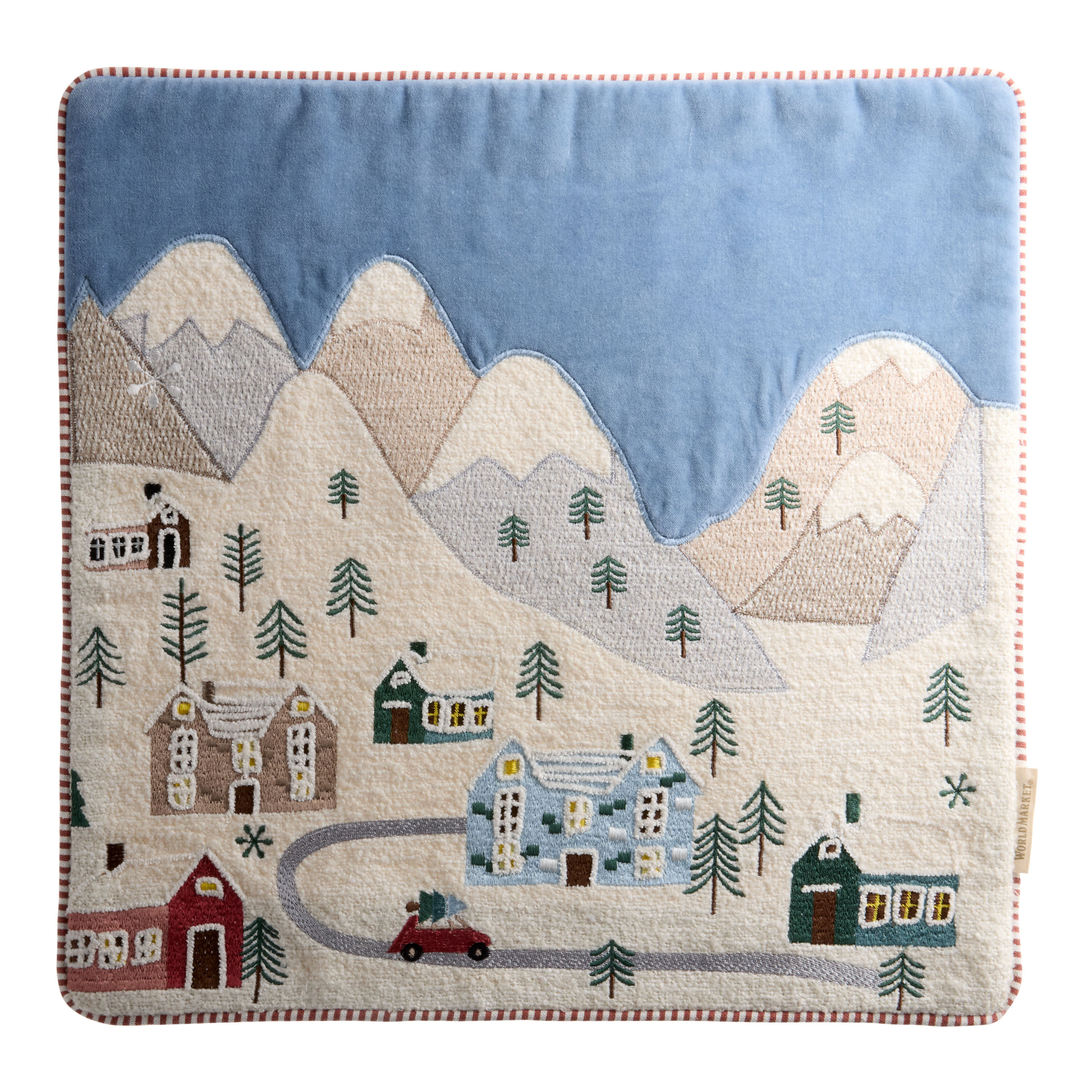 Blue and Ivory Snow Village Embroidered Throw Pillow Cover image number 0