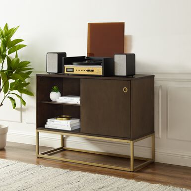 Byron Dark Brown Wood Media Stand With Record Storage Byron Dark Brown Wood Media Stand With Record Storage