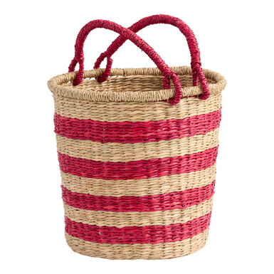 Red and Natural Seagrass Striped Tote Basket with Handles Red and Natural Seagrass Striped Tote Basket with Handles