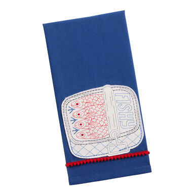 Blue and White Tinned Fish Embroidered Kitchen Towel Blue and White Tinned Fish Embroidered Kitchen Towel