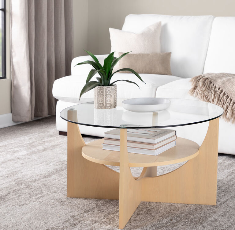 Teasing loop job Ulster Round Wood And Glass Coffee Table With Shelf - World Market