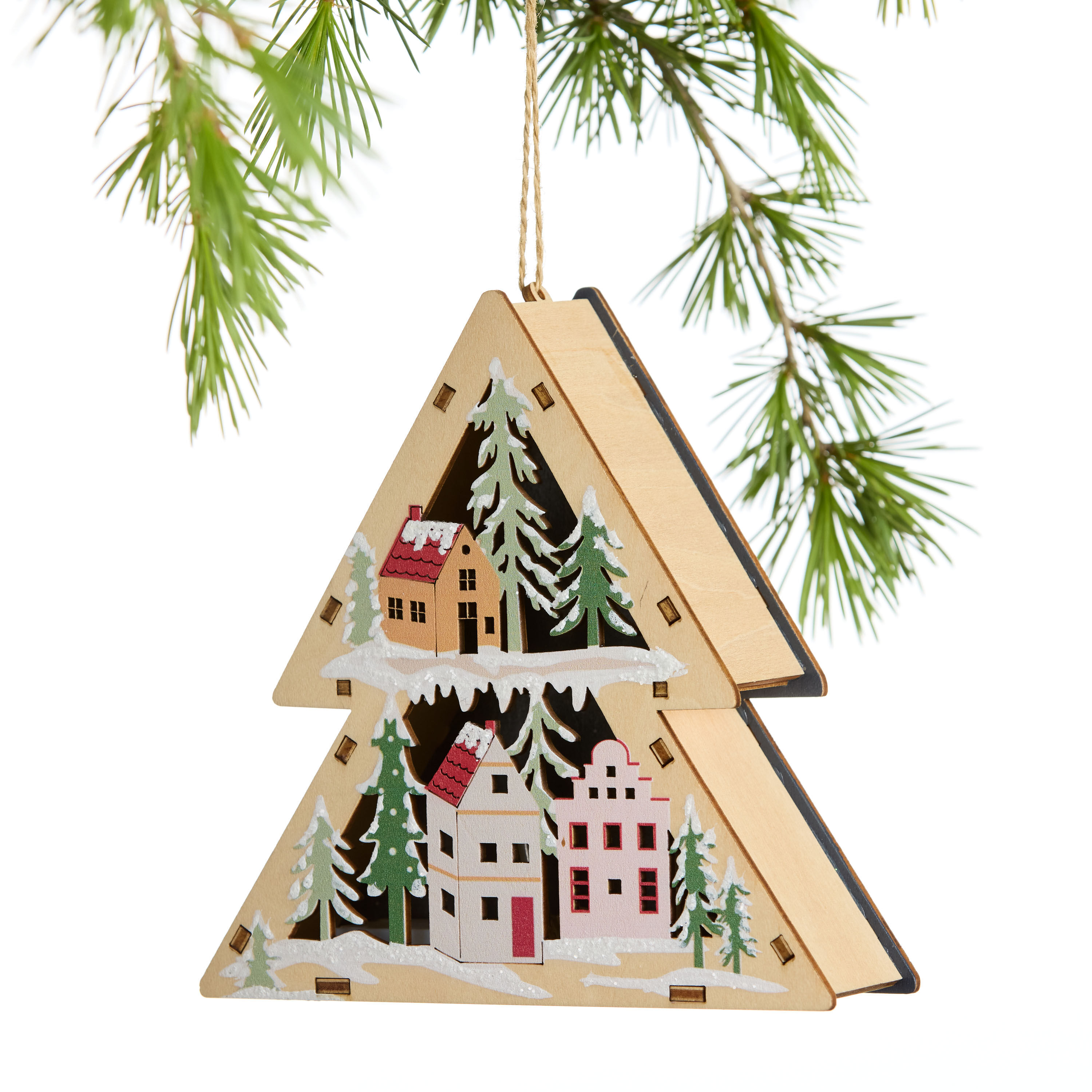 Laser Cut Wood Tree Scene LED Light Up Ornament