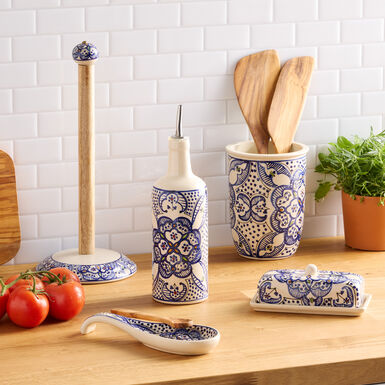 Tunis White and Blue Ceramic Oil Bottle with Spout Tunis White and Blue Ceramic Oil Bottle with Spout