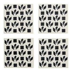 Square Black And White Resin Floral Leaf Coasters 4 Pack