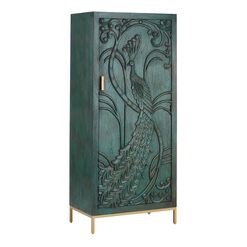 CRAFT Teal Carved Wood Peacock Storage Cabinet