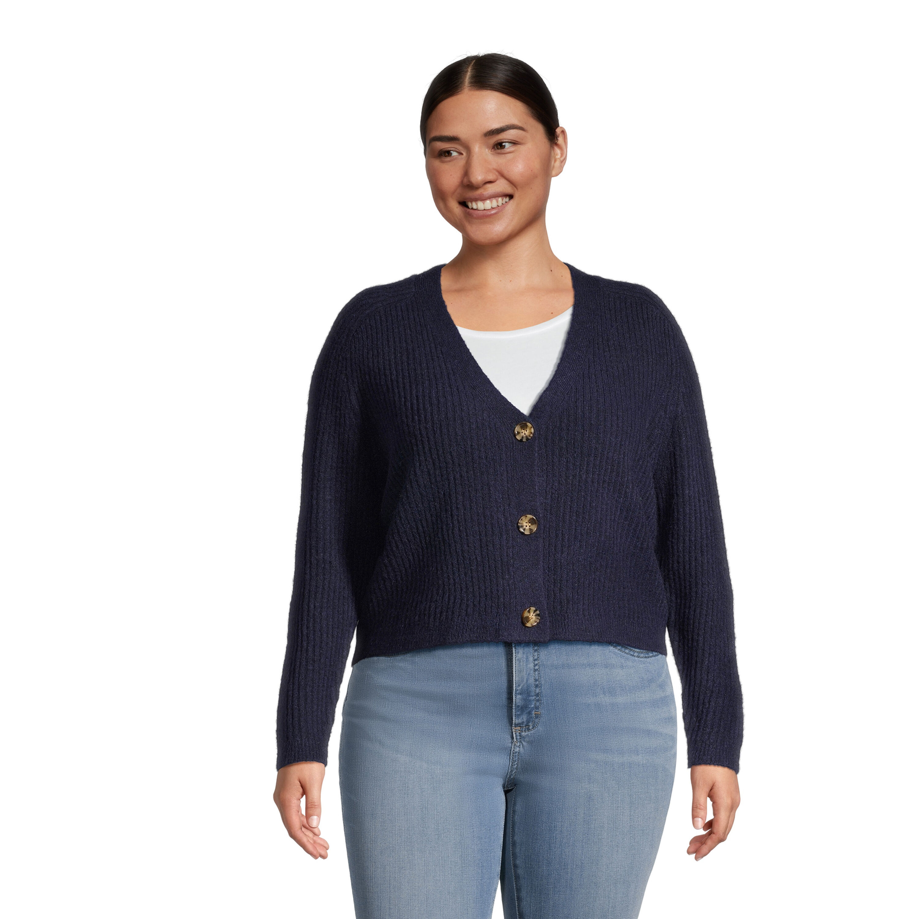 Navy Blue Recycled Yarn Brushed Cable Knit Cardigan image number 0