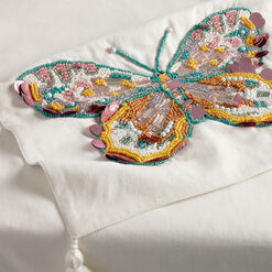 Oatmeal Embroidered Butterfly Beaded Table Runner