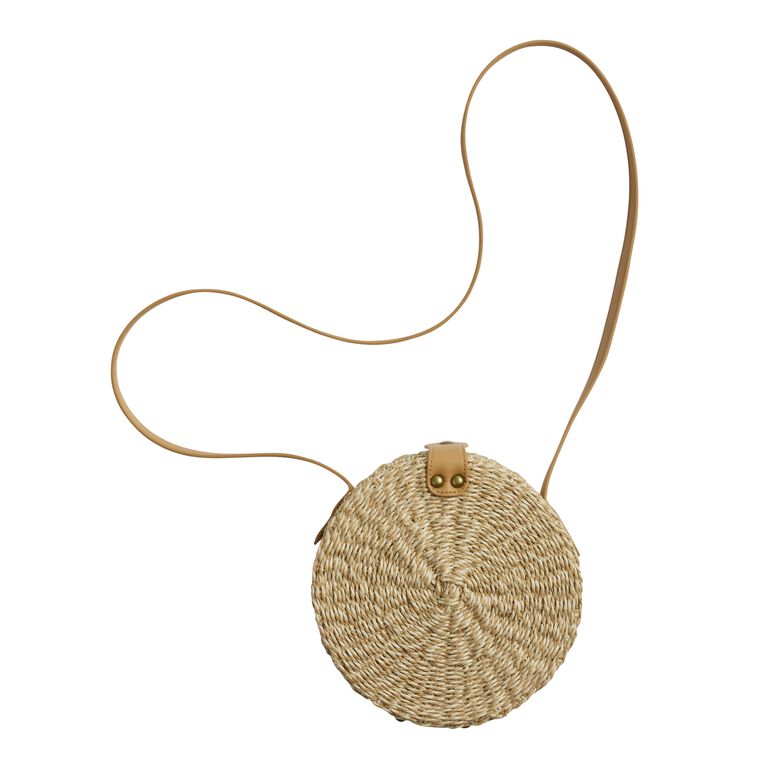 Round Natural Straw And Faux Leather Crossbody Bag - World Market