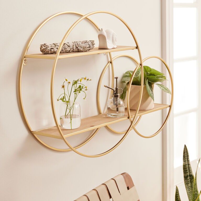 Wood and Gold Double Circle Wall Shelf image number 2