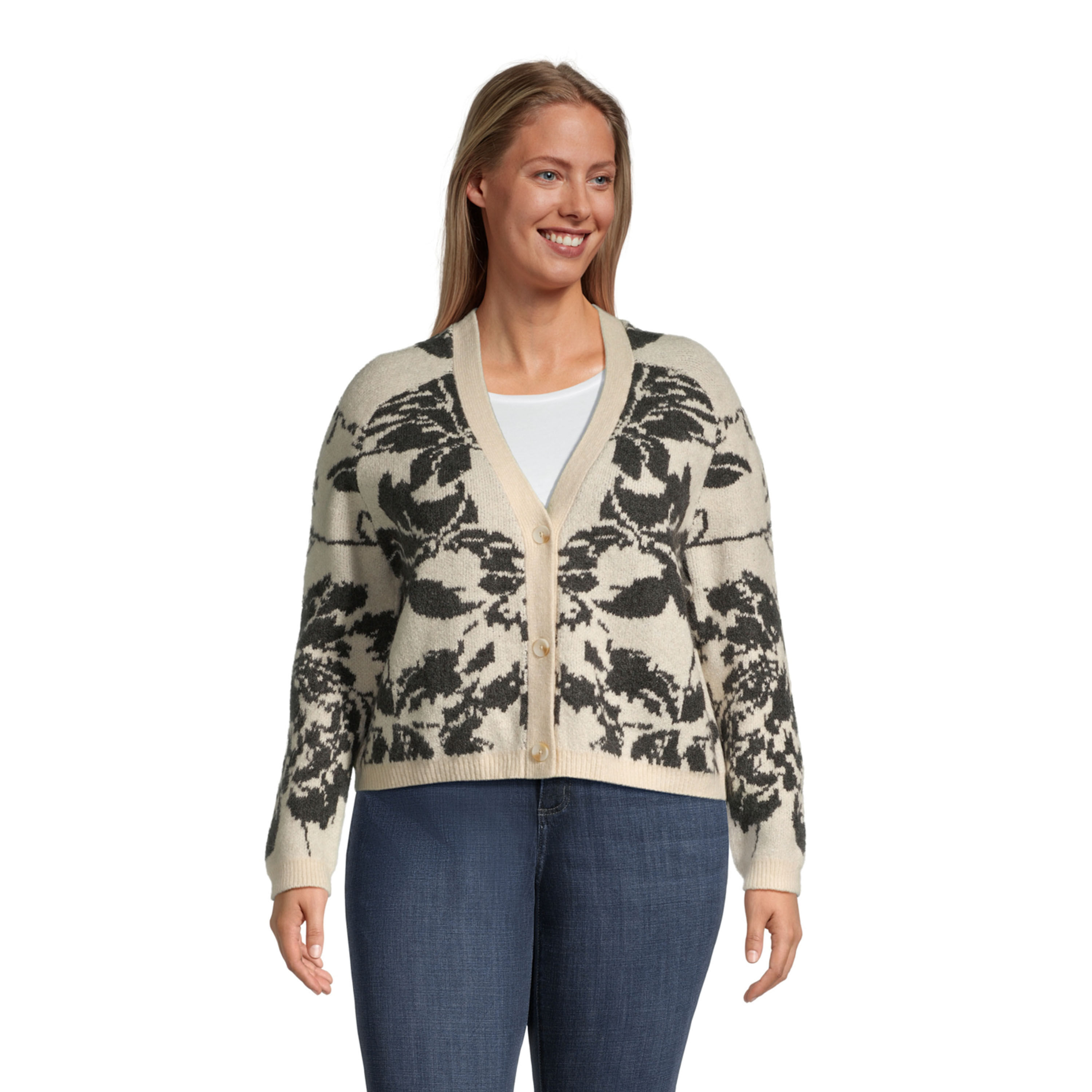 Cream and Black Floral Intarsia Cardigan image number 0