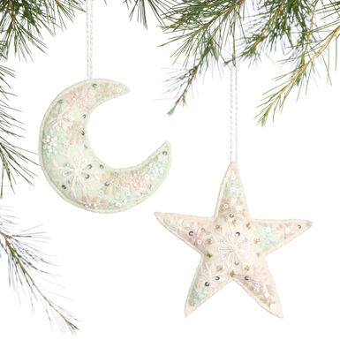 Embroidered Fabric Moon and Star Ornaments Set of 2 Embroidered Fabric Moon and Star Ornaments Set of 2