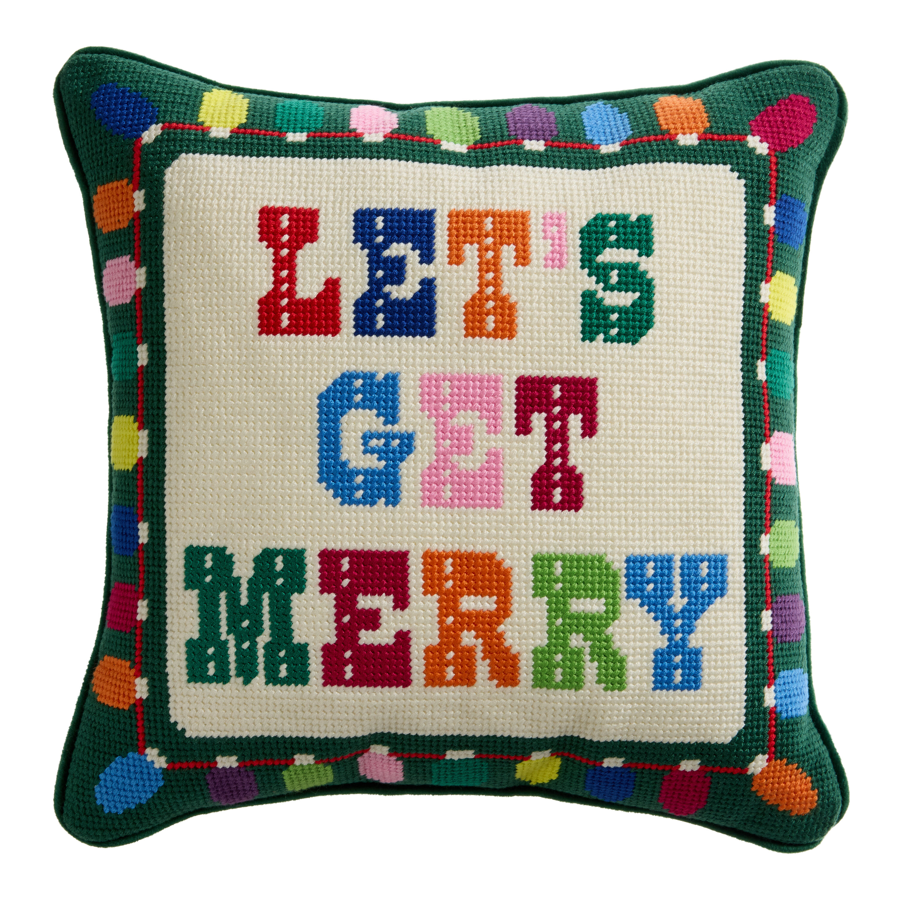 Small Multicolor Needlepoint Let's Get Merry Throw Pillow image number 0