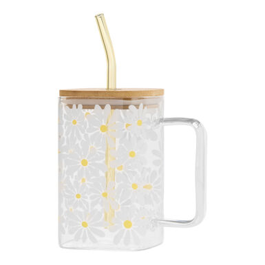 Square Glass Daisy To Go Tumbler With Straw Square Glass Daisy To Go Tumbler With Straw
