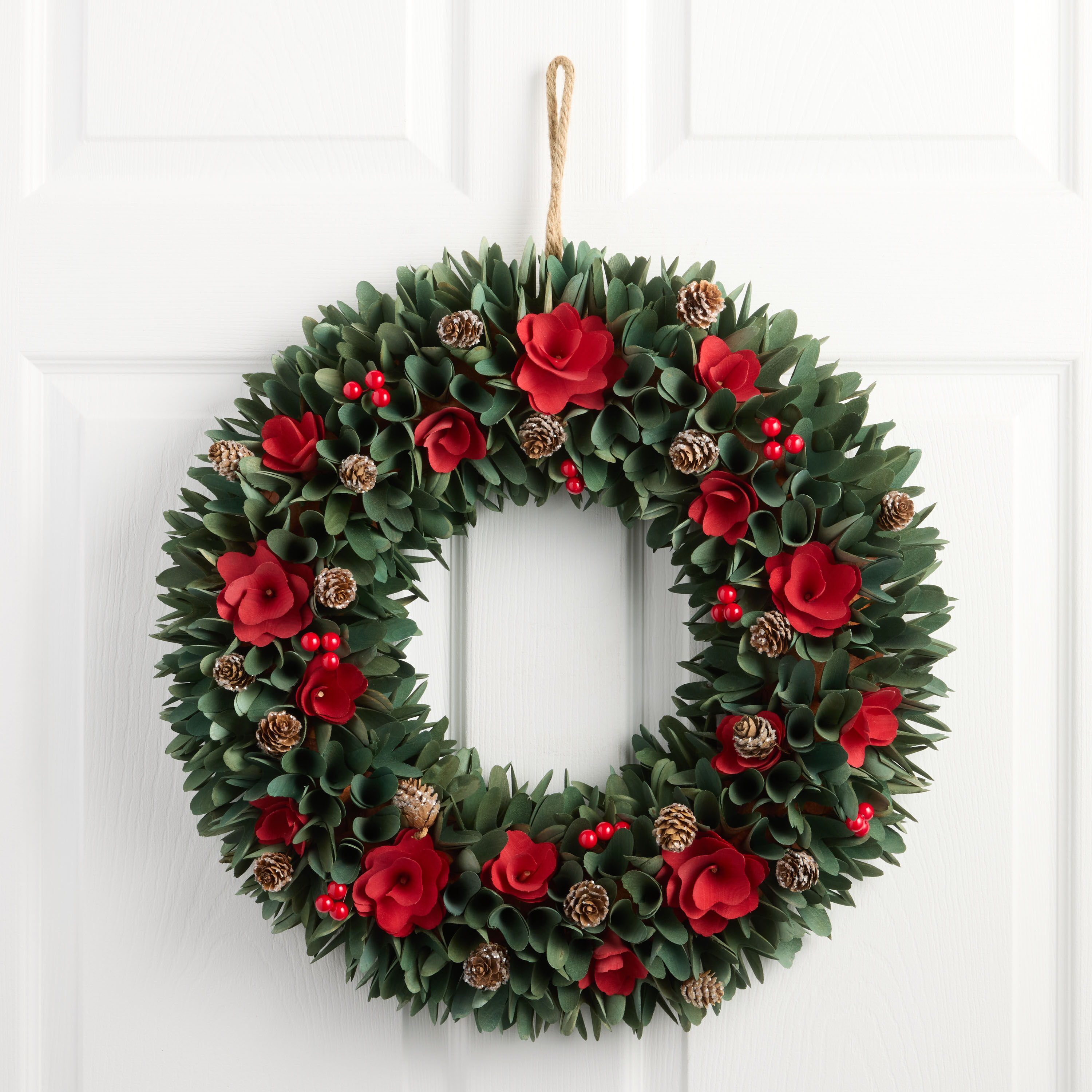 Red and Green Wood Curl Flowers with Pinecones Wreath image number 0