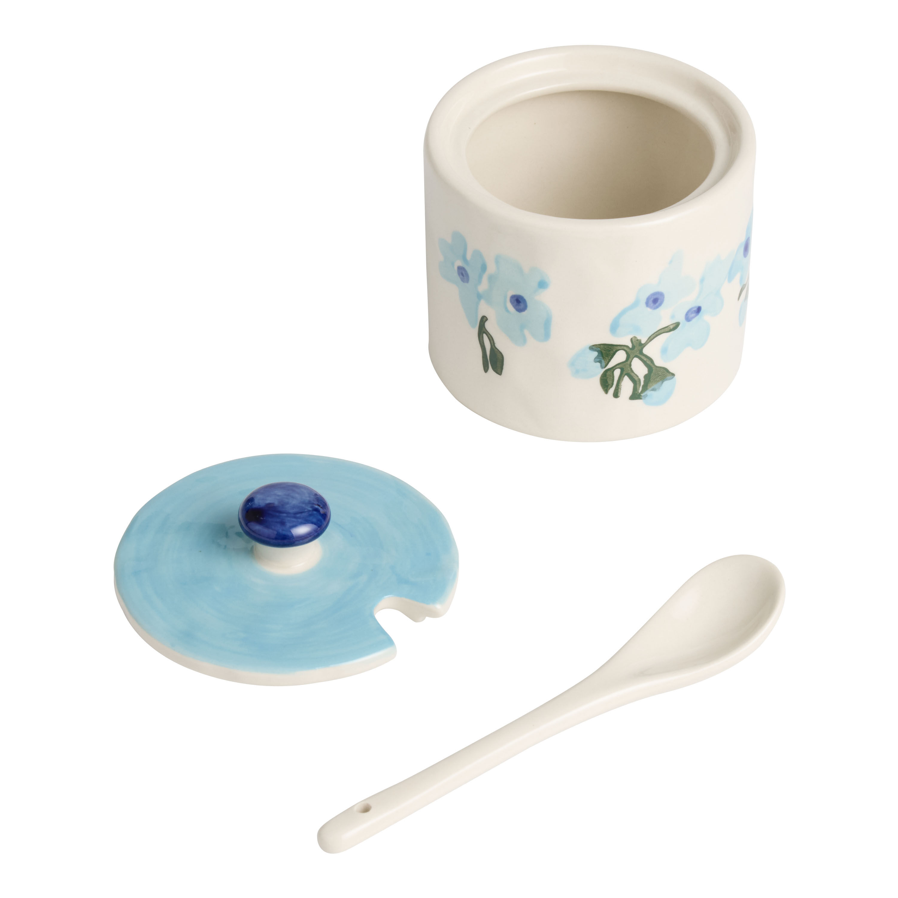 Blue and Ivory Ceramic Floral Sugar Bowl with Serving Spoon