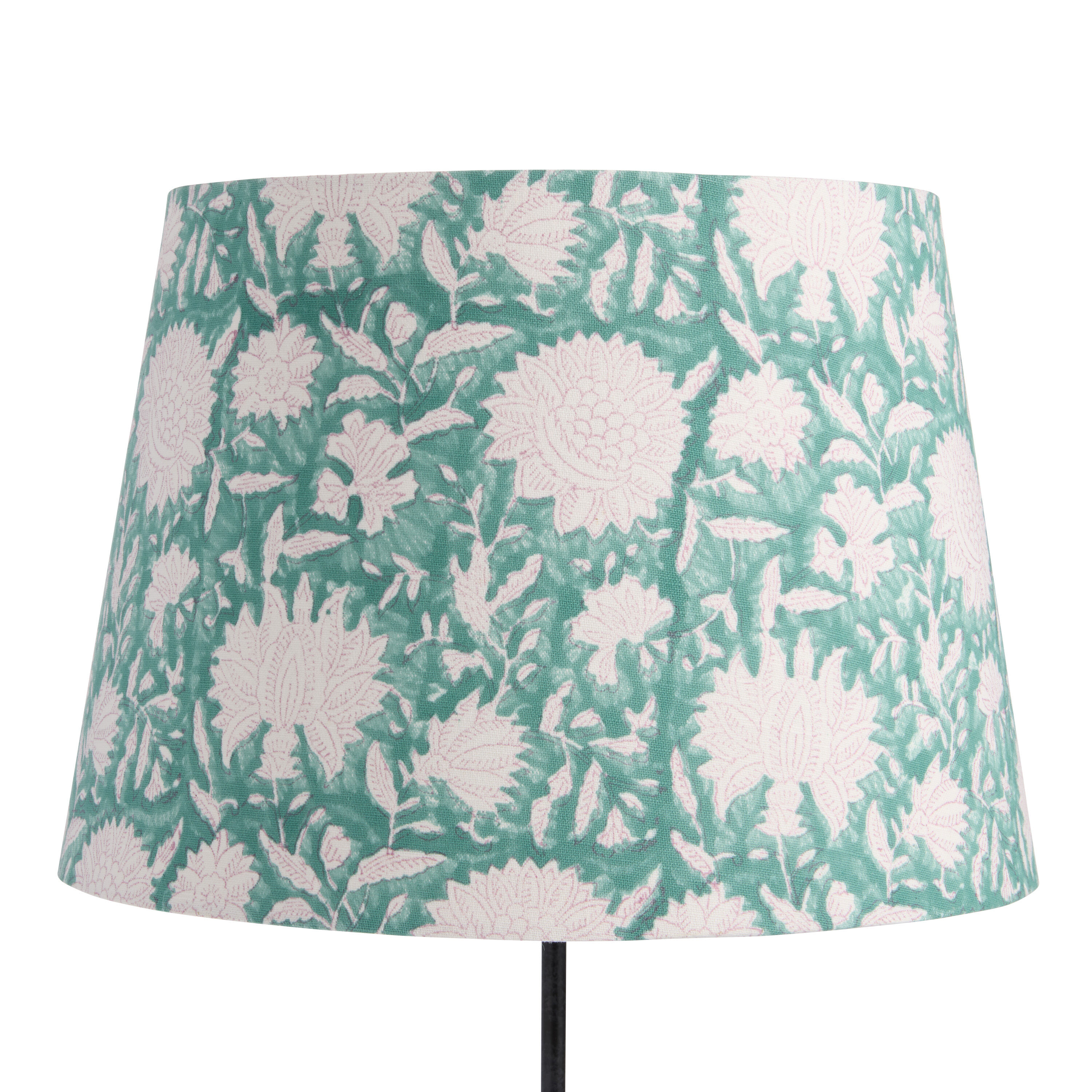 Teal and White Cotton Floral Block Print Table Lamp Shade image number 0