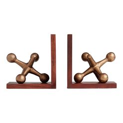 Wood and Gold Metal Jacks Bookends