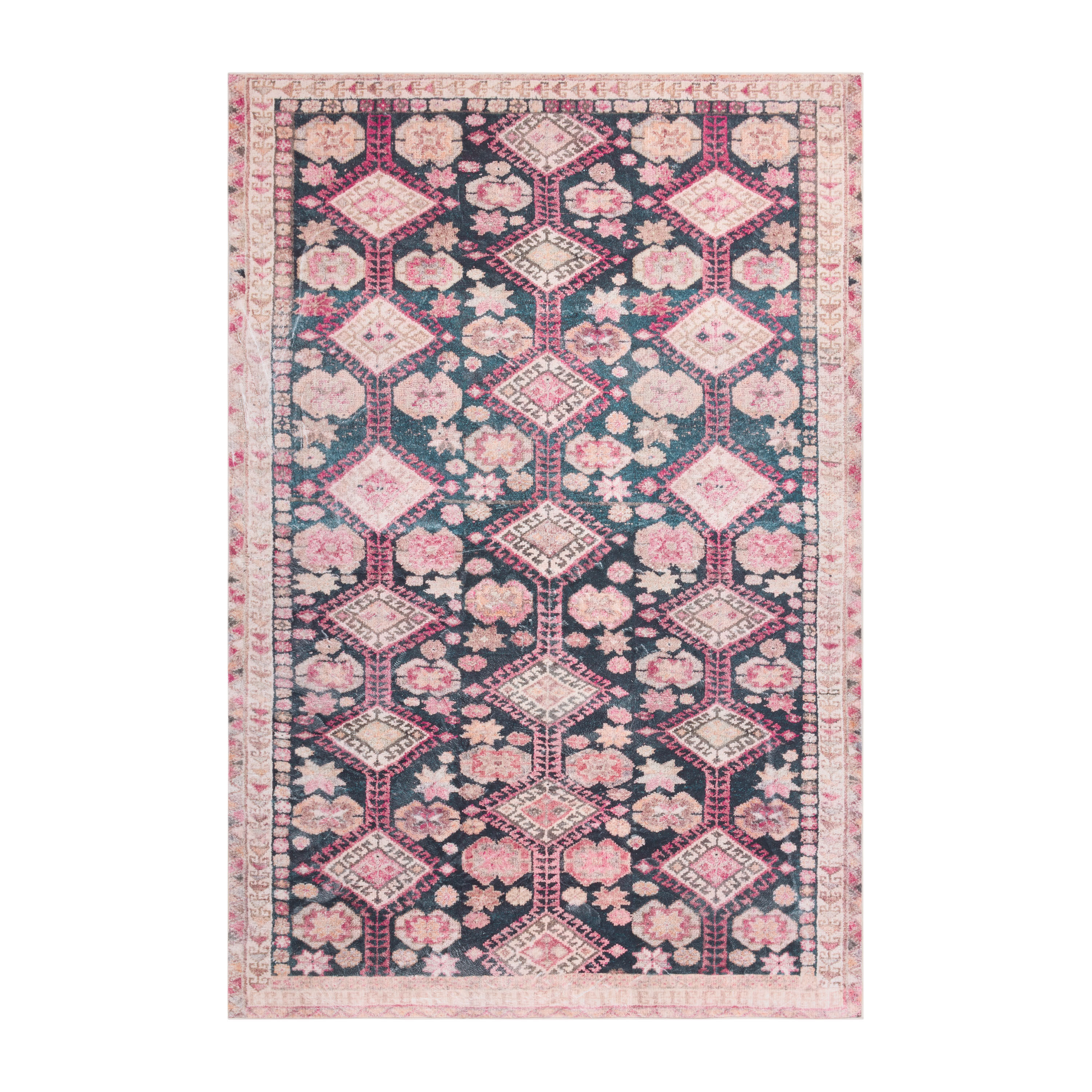 Taza Pink and Navy Diamond Floral Traditional Style Area Rug