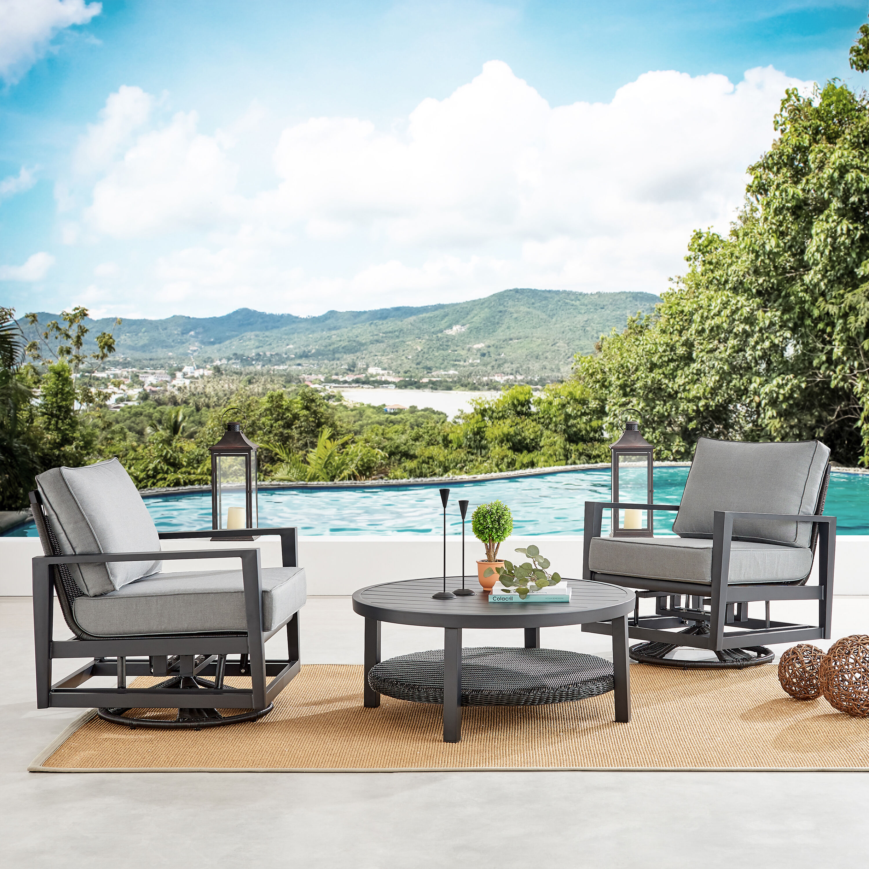 Rhodes Round Black Metal Outdoor Coffee Table with Shelf World